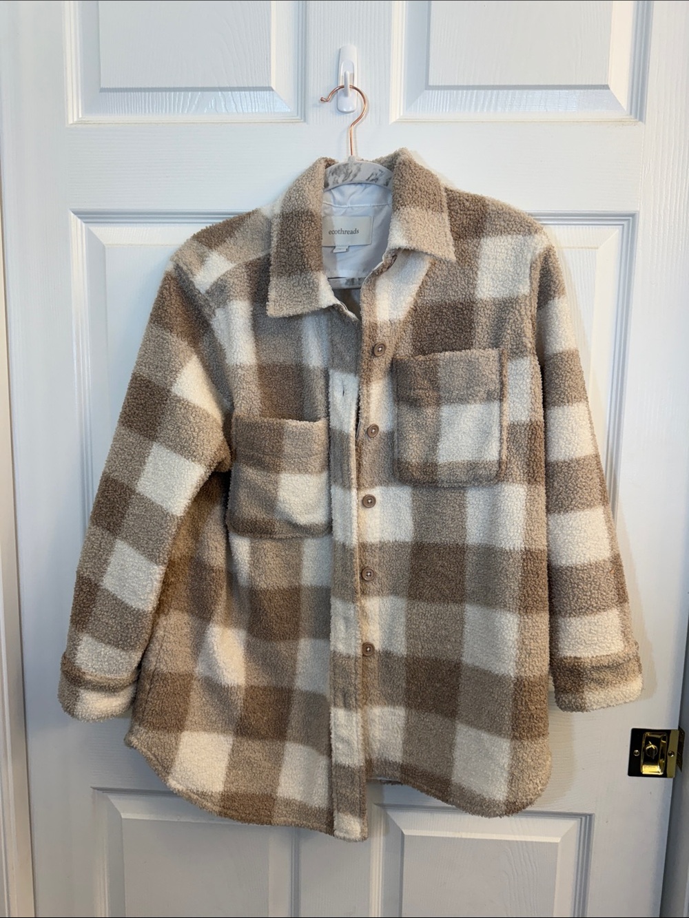 Kids Plush Plaid Sherpa Shacket - Cream & Brown
